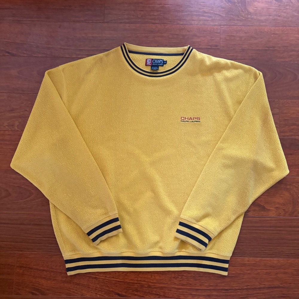 Chaps Ralph Lauren Mens XL Yellow Fleece Sweatshirt Vintage Baggy Striped Trim